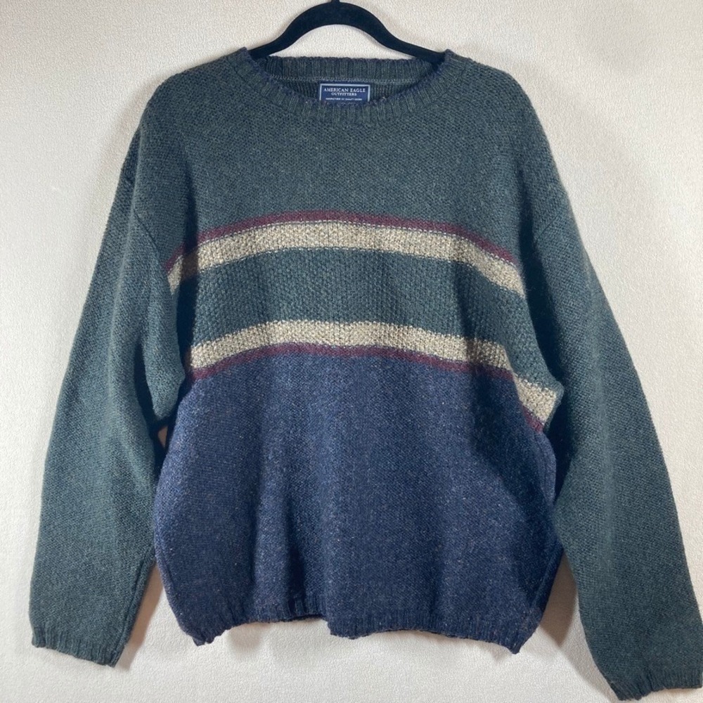 Vtg‎ American Eagle Y2K Wool Pullover Crewneck Sweater Sz L Green Classic Preppy